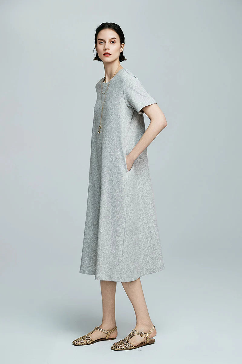 Grey Midi T-Shirt Dress with Pockets