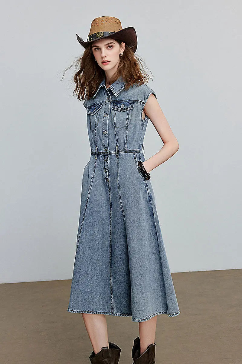 Vintage-Inspired Sleeveless Utility Denim Midi Dress