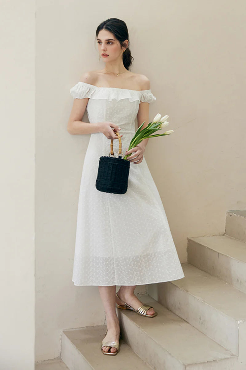 White Cotton Embroidery Off-Shoulder Midi Dress