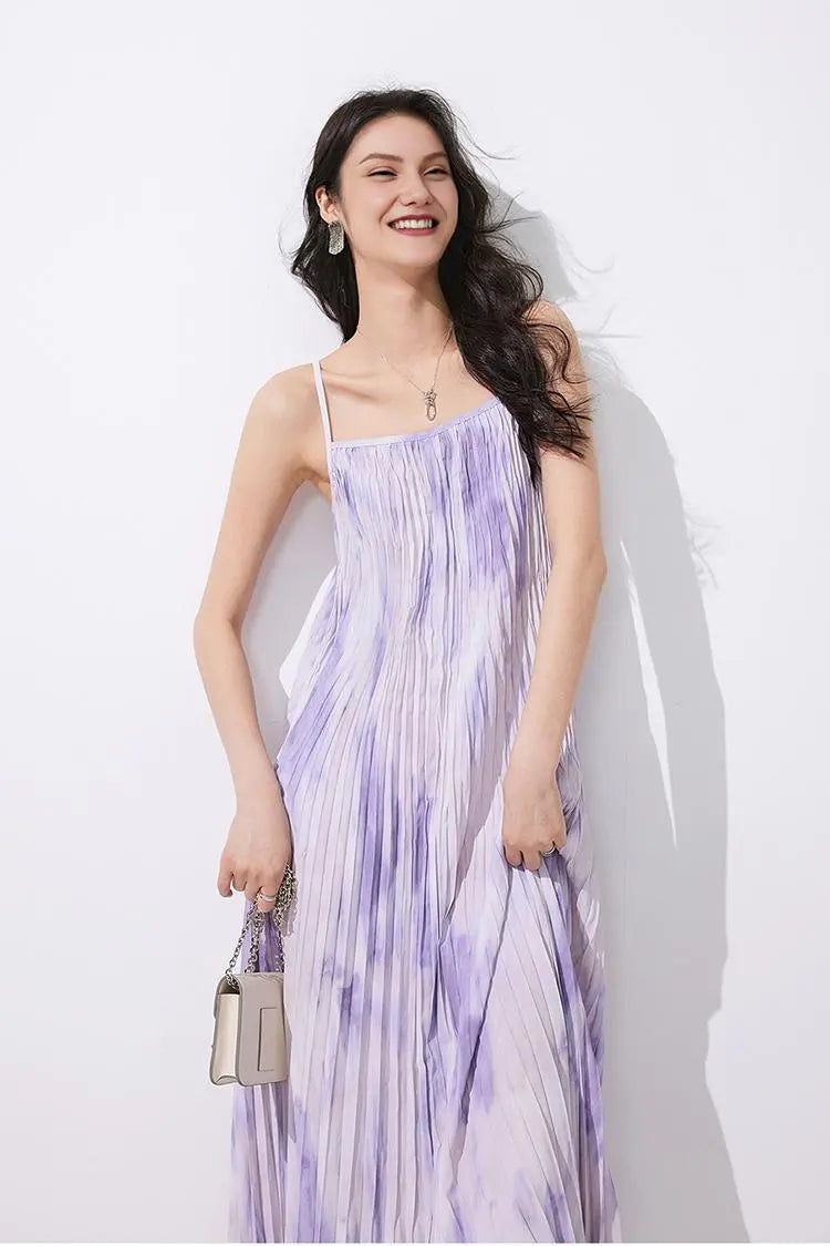 Tie Dye Pleated Spaghetti Strap Beach Dress