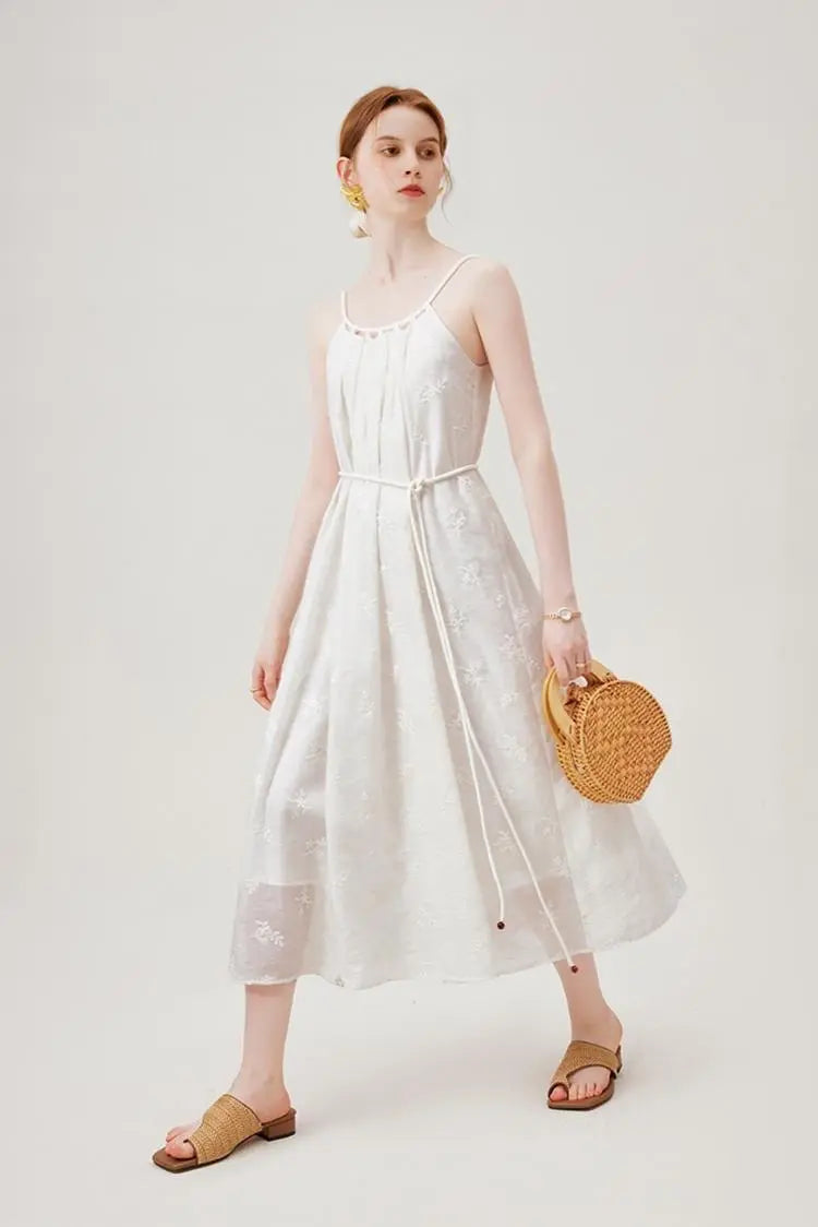 White Flowy Halter Embroidered Dress