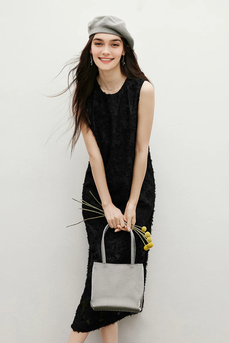 Black Floral Applique Sleeveless Dress