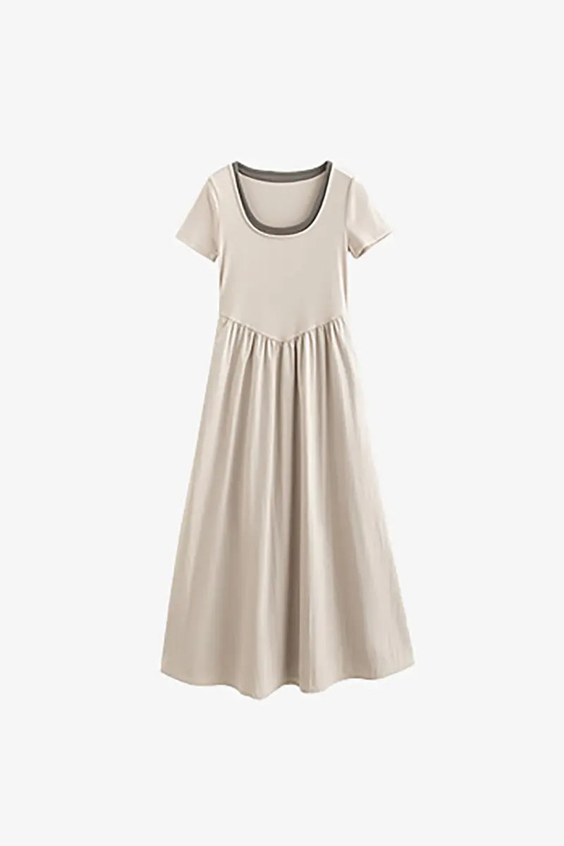 Cotton Short-Sleeve Mixed-Media Fit & Flare Midi Dress