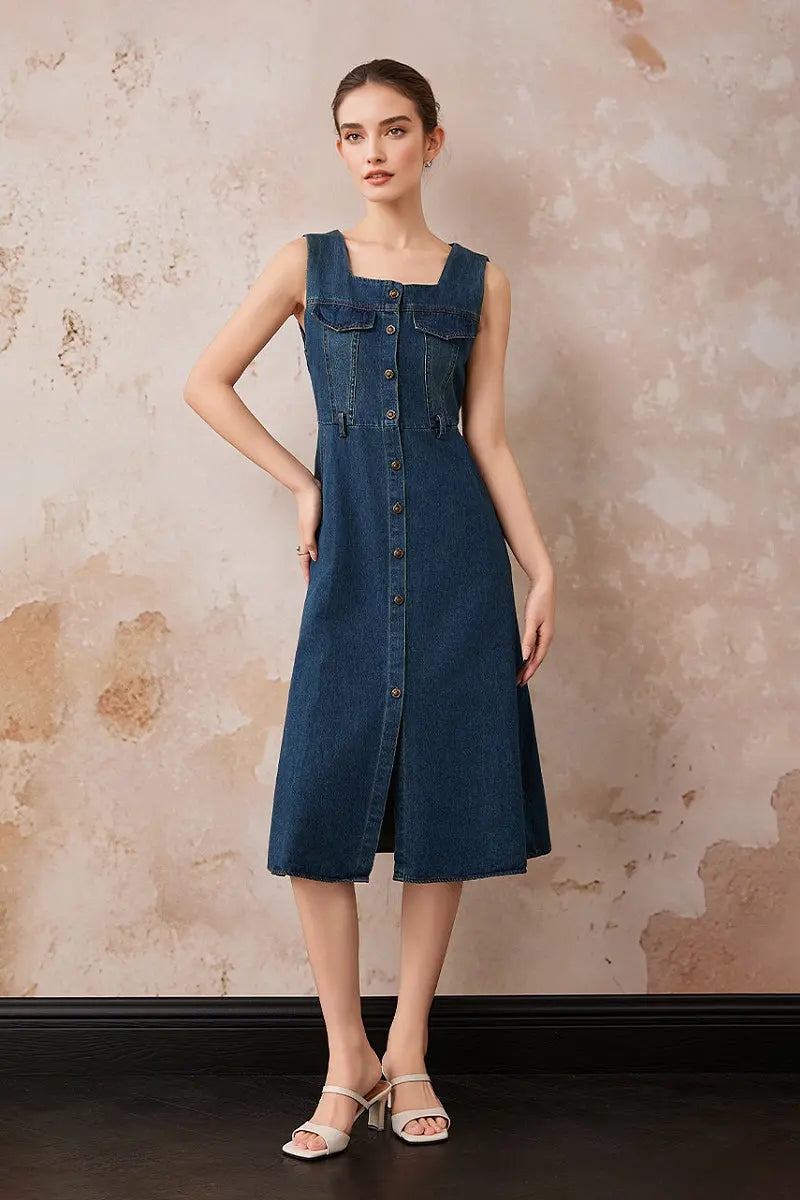 Denim Sleeveless A-Line Midi Shirt Dress
