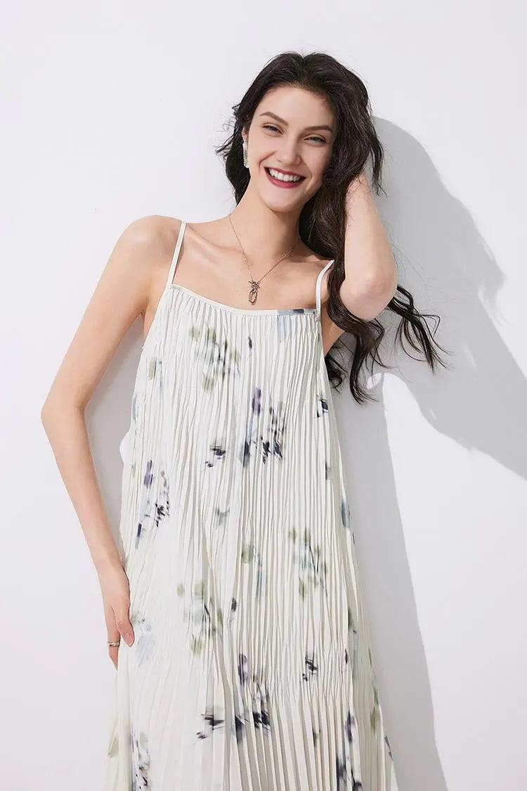Tie Dye Pleated Spaghetti Strap Beach Dress