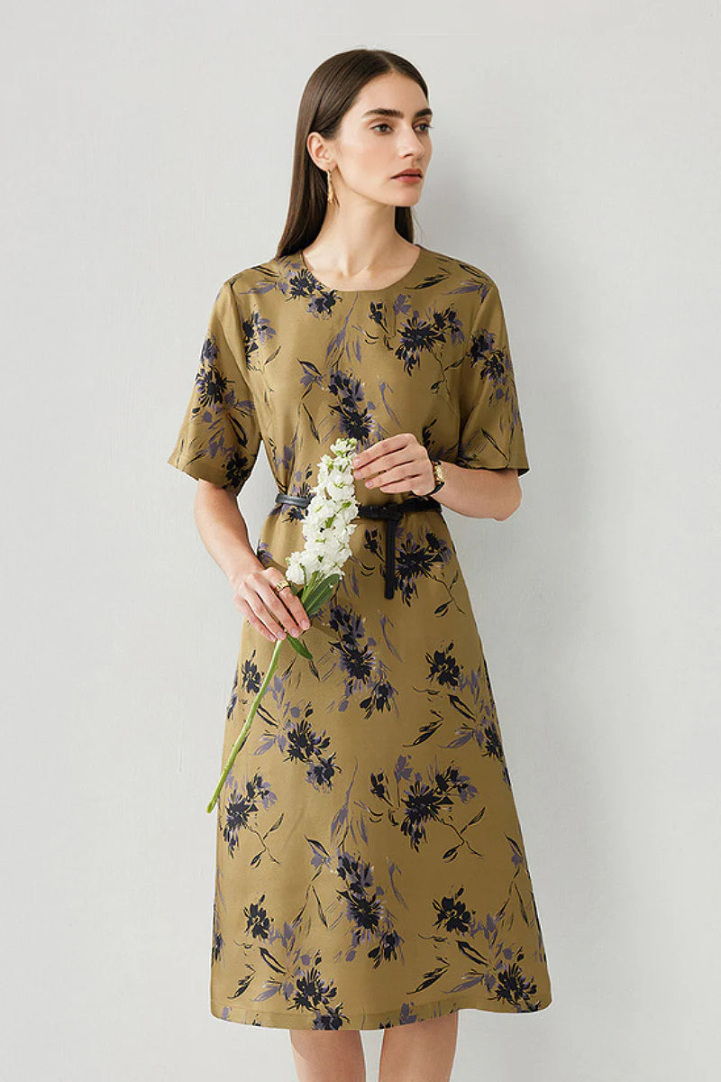 100% Silk Floral Midi Shift Dress with Pockets in Khaki