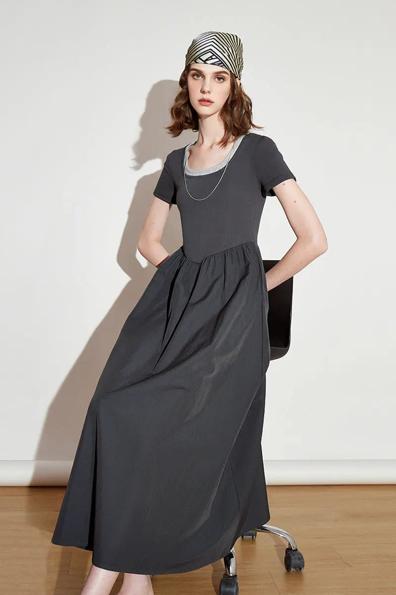 Cotton Short-Sleeve Mixed-Media Fit & Flare Midi Dress