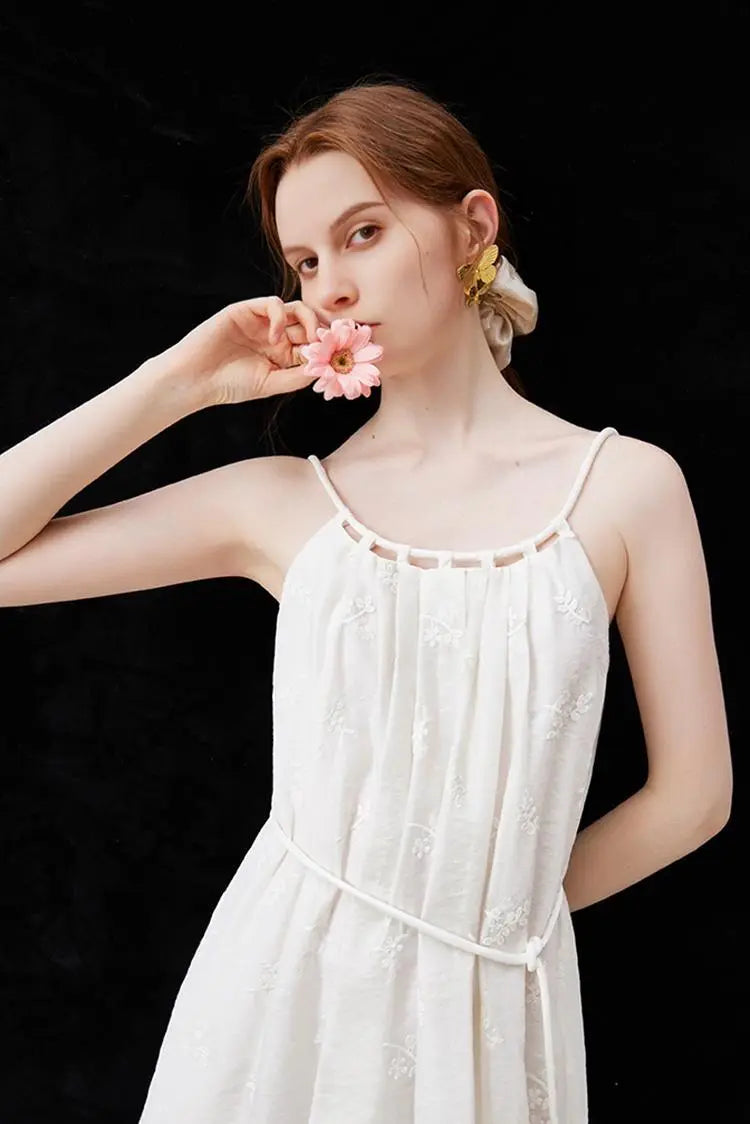 White Flowy Halter Embroidered Dress