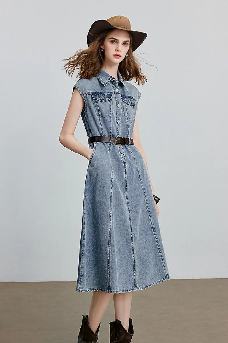 Vintage-Inspired Sleeveless Utility Denim Midi Dress