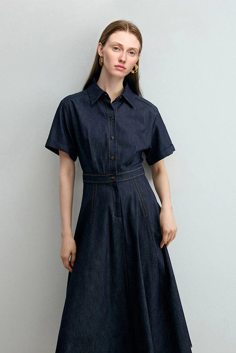 Tencel Denim Short-Sleeve Button-Up Midi Shirt Dress