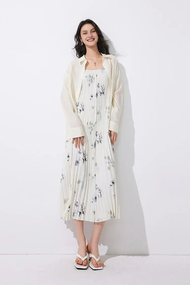 Tie Dye Pleated Spaghetti Strap Beach Dress