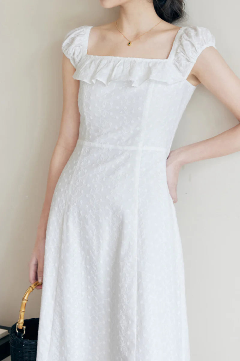White Cotton Embroidery Off-Shoulder Midi Dress