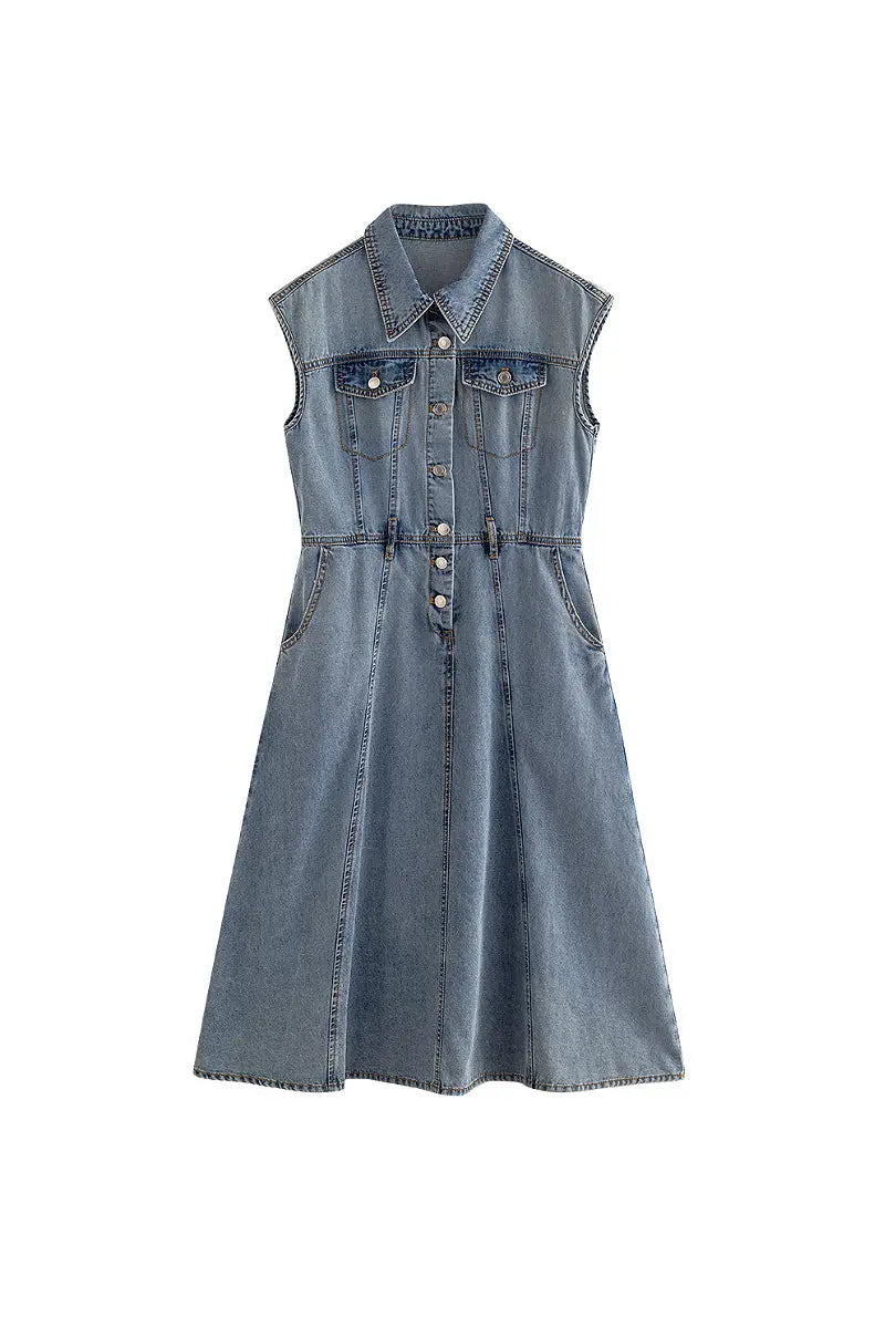 Vintage-Inspired Sleeveless Utility Denim Midi Dress