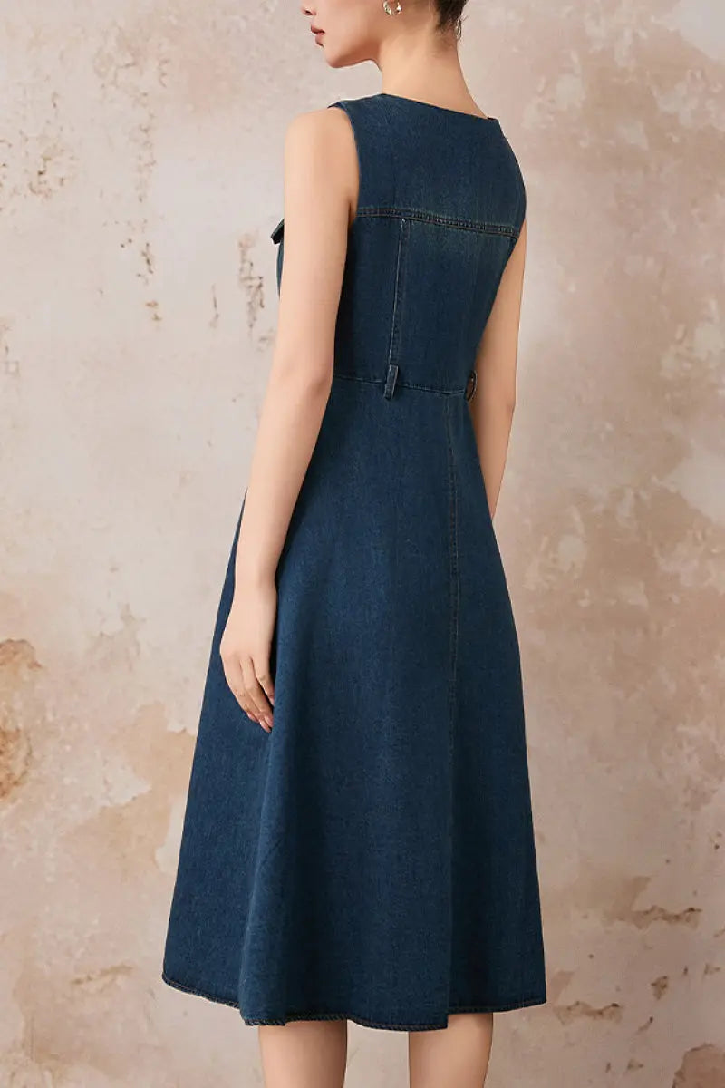 Denim Sleeveless A-Line Midi Shirt Dress