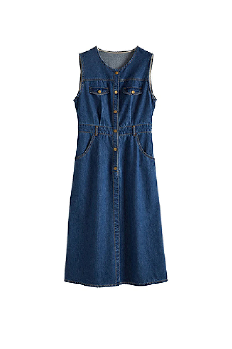 Denim Sleeveless A-Line Midi Shirt Dress