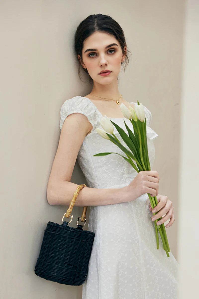 White Cotton Embroidery Off-Shoulder Midi Dress
