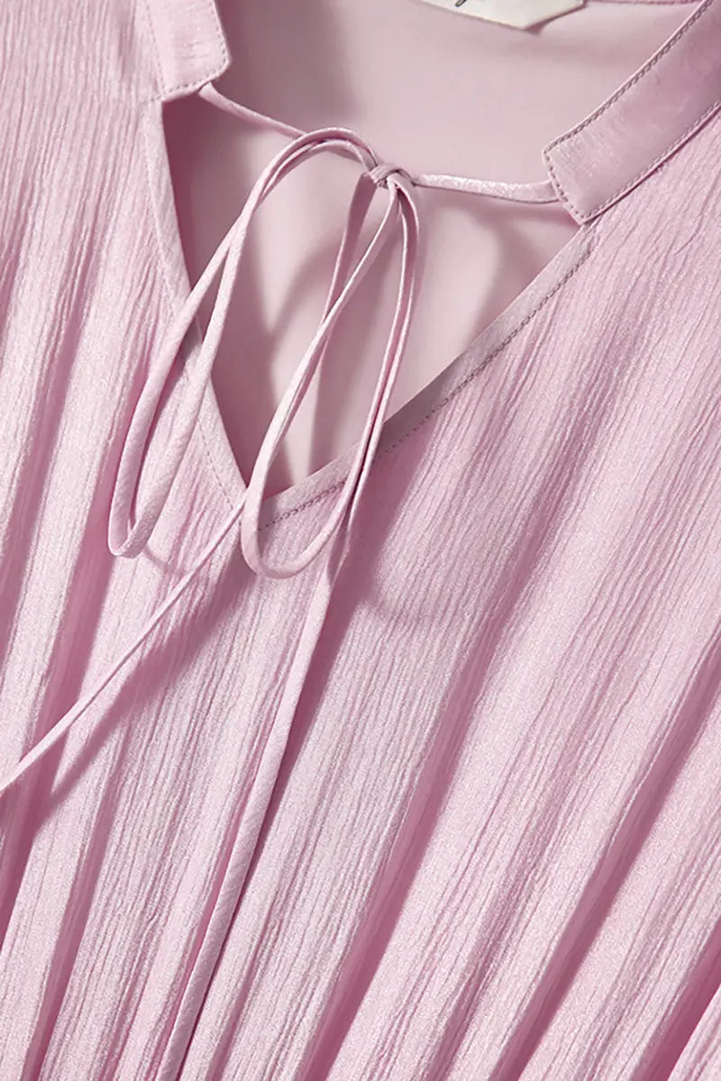 Pink Silky Tiered Puff-Sleeve Maxi Dress