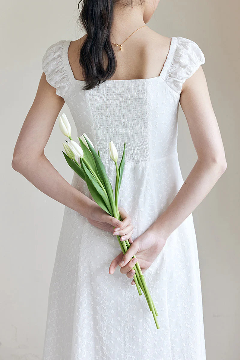 White Cotton Embroidery Off-Shoulder Midi Dress