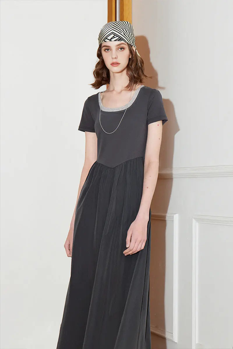 Cotton Short-Sleeve Mixed-Media Fit & Flare Midi Dress
