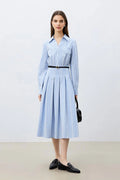 Blue Long Sleeve Gingham Midi Shirt Dress