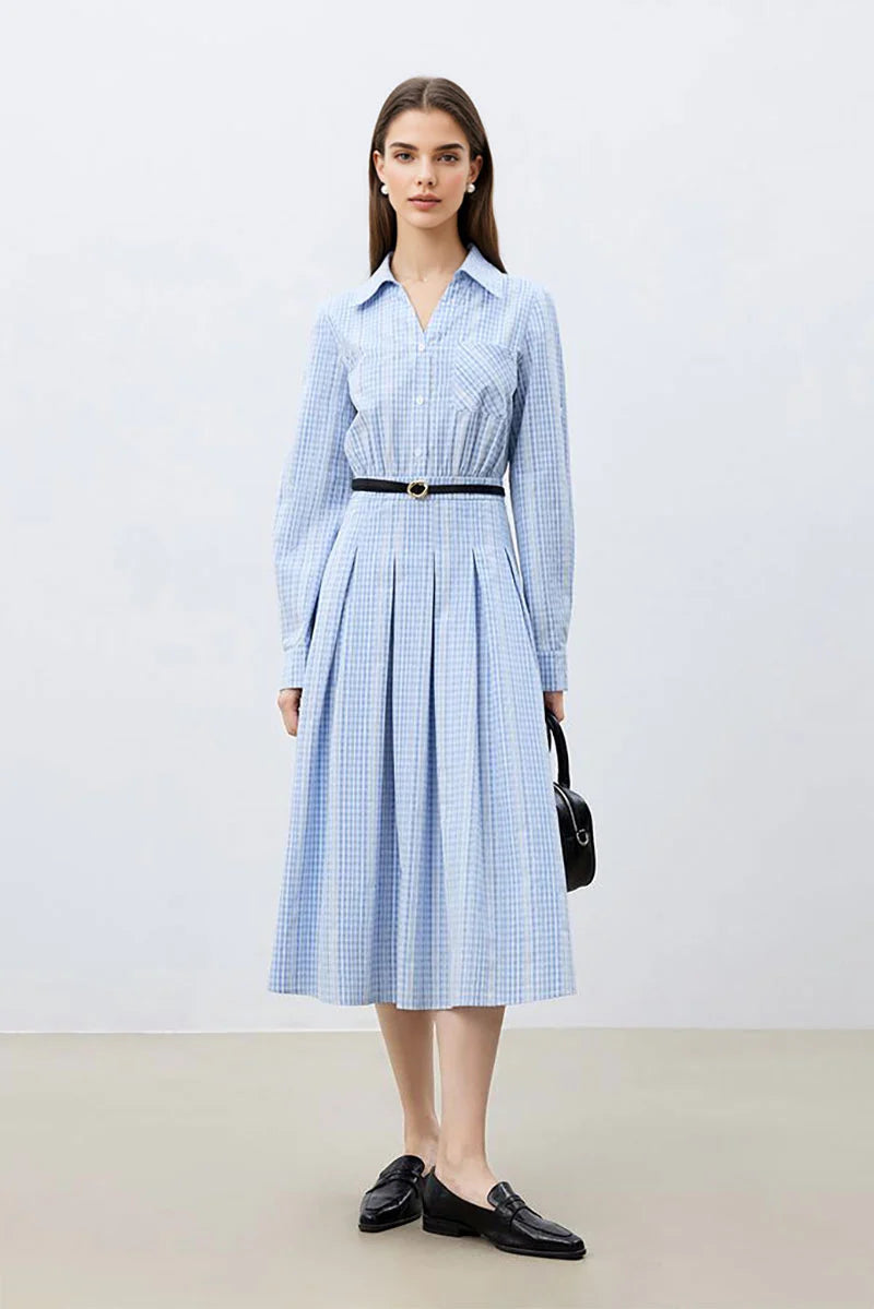 Blue Long Sleeve Gingham Midi Shirt Dress