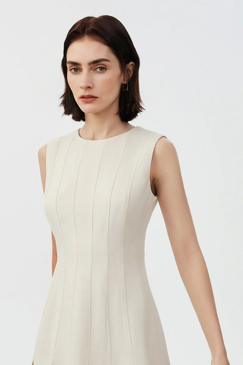 White Pleated Sleeveless A-Line Mini Dress in Triacetate