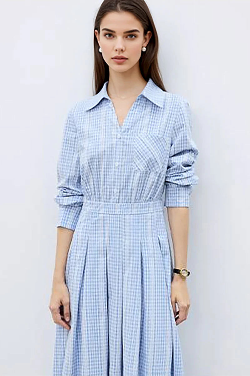 Blue Long Sleeve Gingham Midi Shirt Dress