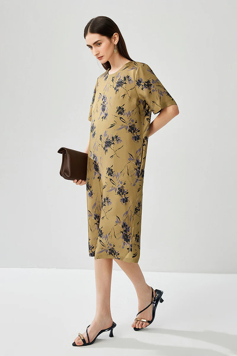 100% Silk Floral Midi Shift Dress with Pockets in Khaki