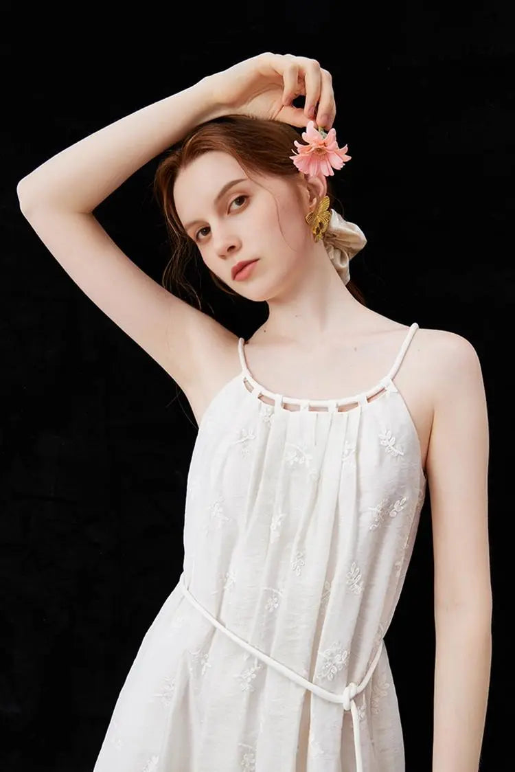 White Flowy Halter Embroidered Dress