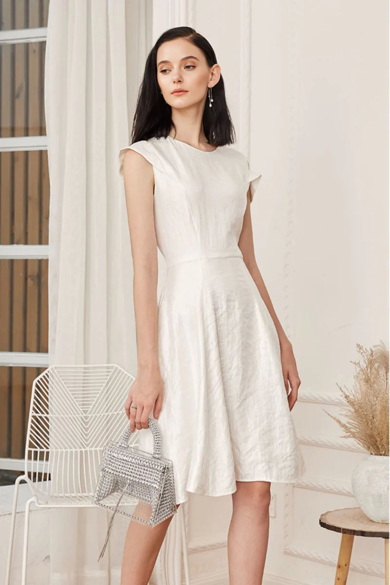 White Asymmetrical Sleeve Midi Graduation Dress