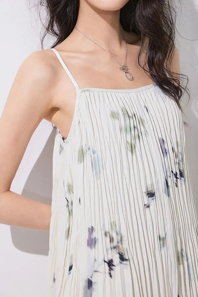 Tie Dye Pleated Spaghetti Strap Beach Dress