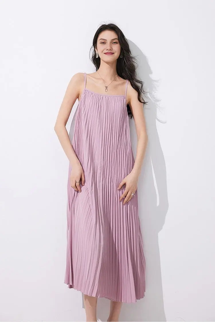 Tie Dye Pleated Spaghetti Strap Beach Dress