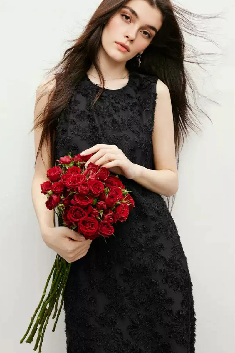 Black Floral Applique Sleeveless Dress
