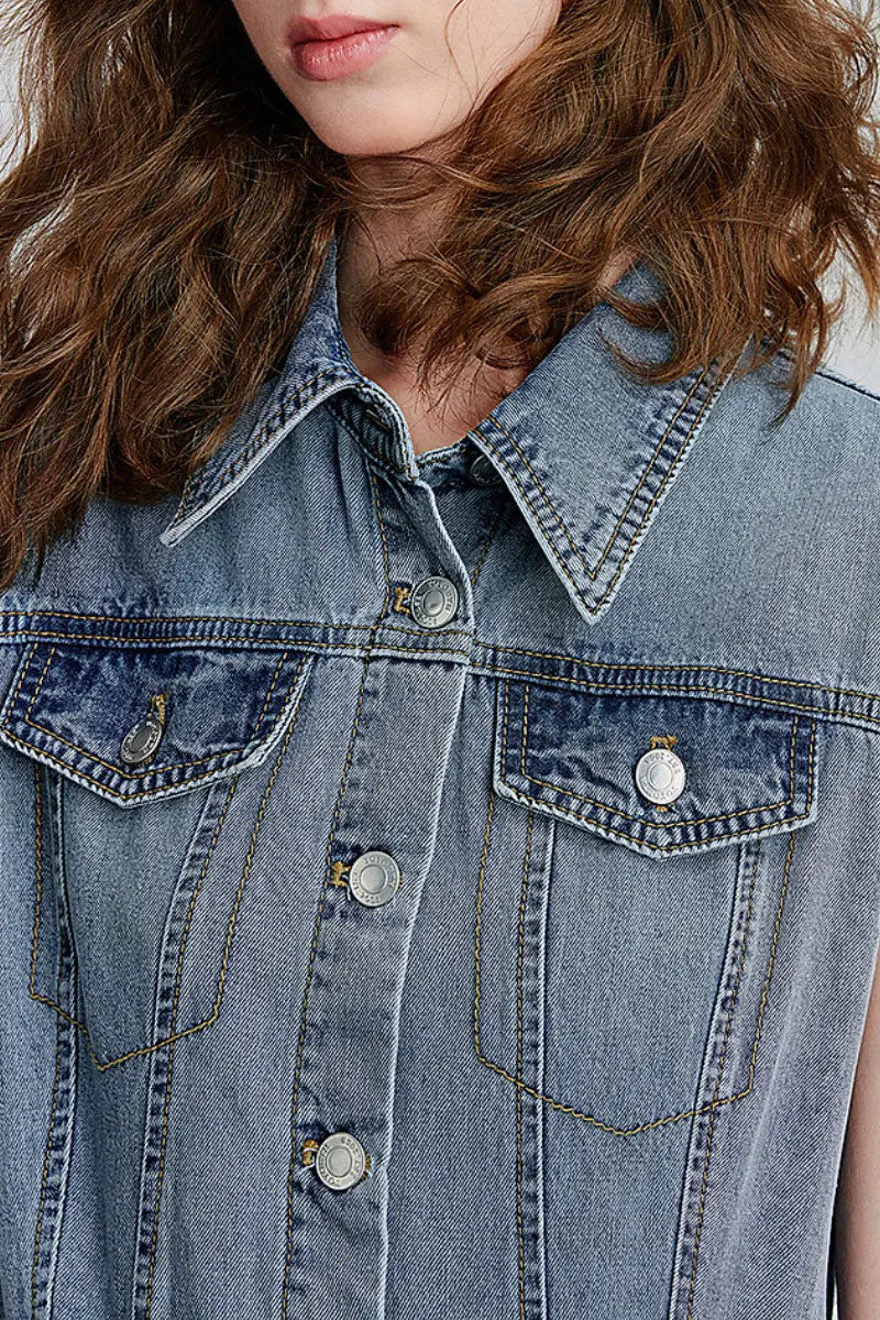 Vintage-Inspired Sleeveless Utility Denim Midi Dress