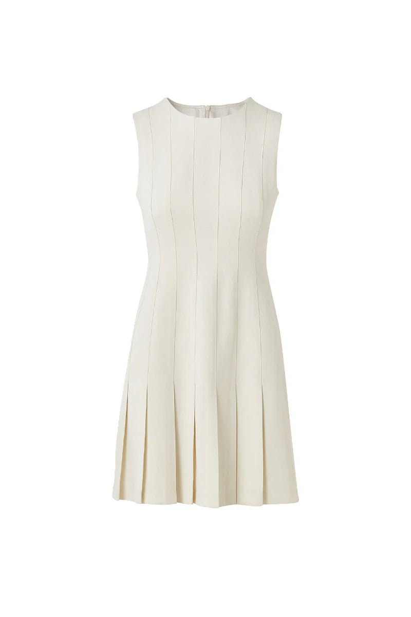 White Pleated Sleeveless A-Line Mini Dress in Triacetate