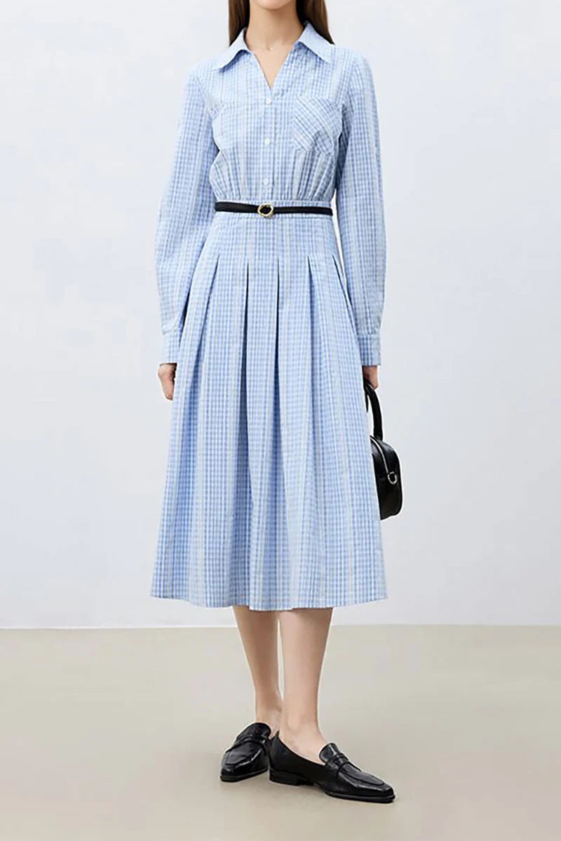 Blue Long Sleeve Gingham Midi Shirt Dress
