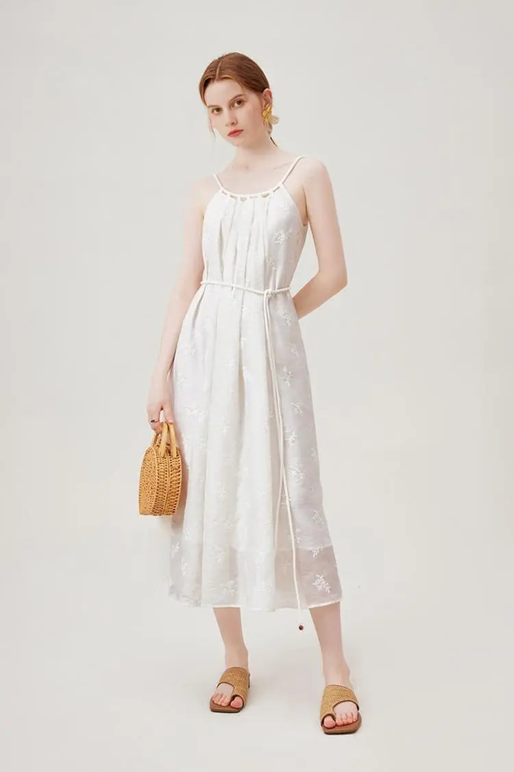 White Flowy Halter Embroidered Dress