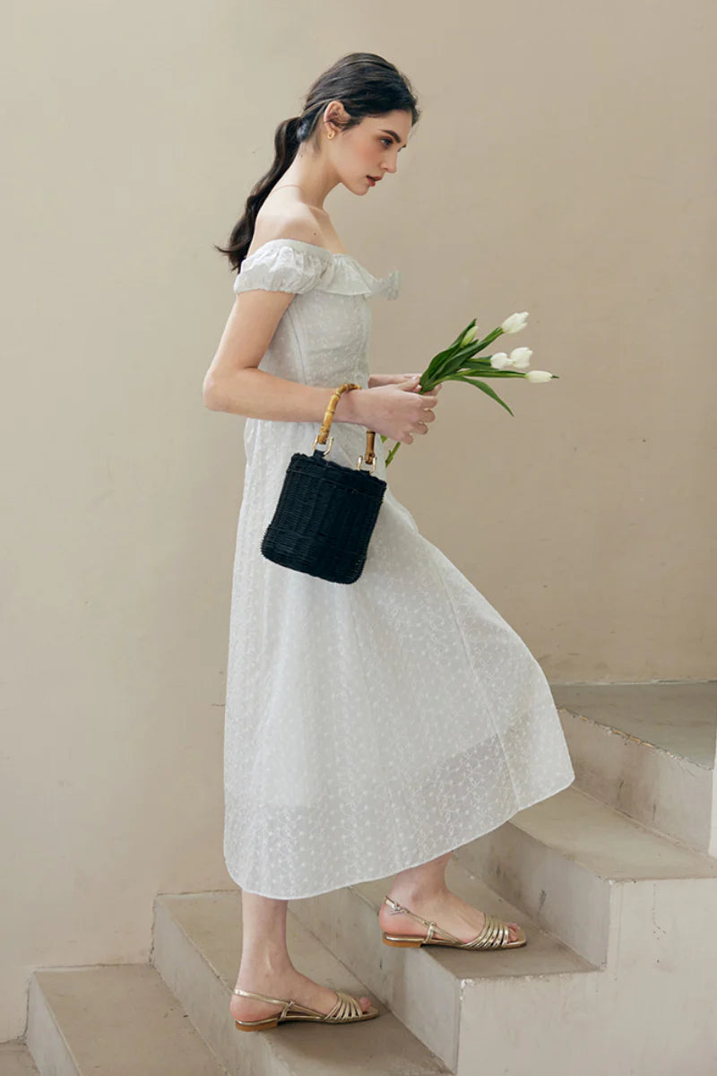 White Cotton Embroidery Off-Shoulder Midi Dress
