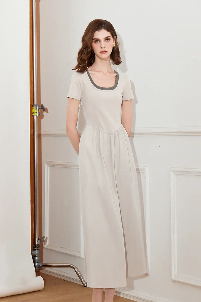 Cotton Short-Sleeve Mixed-Media Fit & Flare Midi Dress