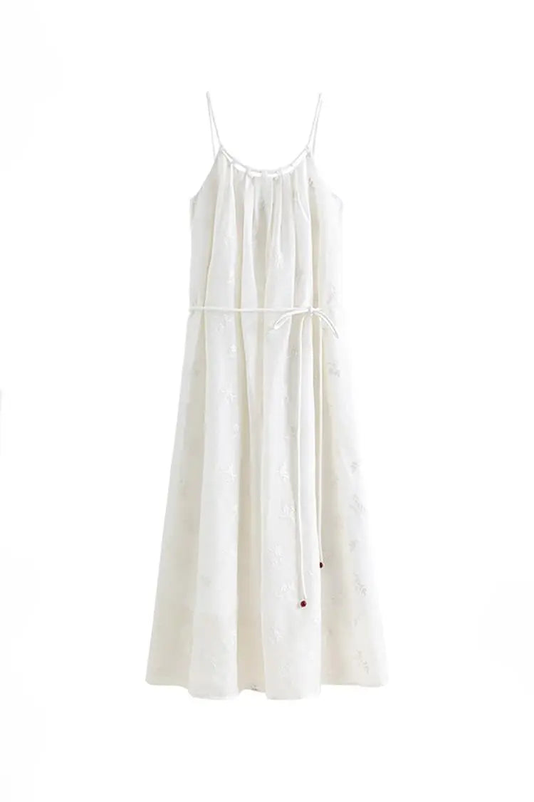 White Flowy Halter Embroidered Dress