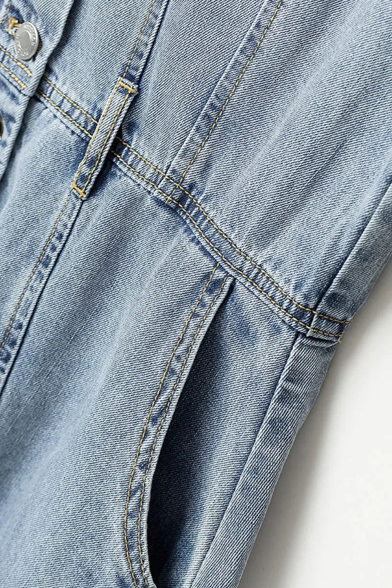 Vintage-Inspired Sleeveless Utility Denim Midi Dress
