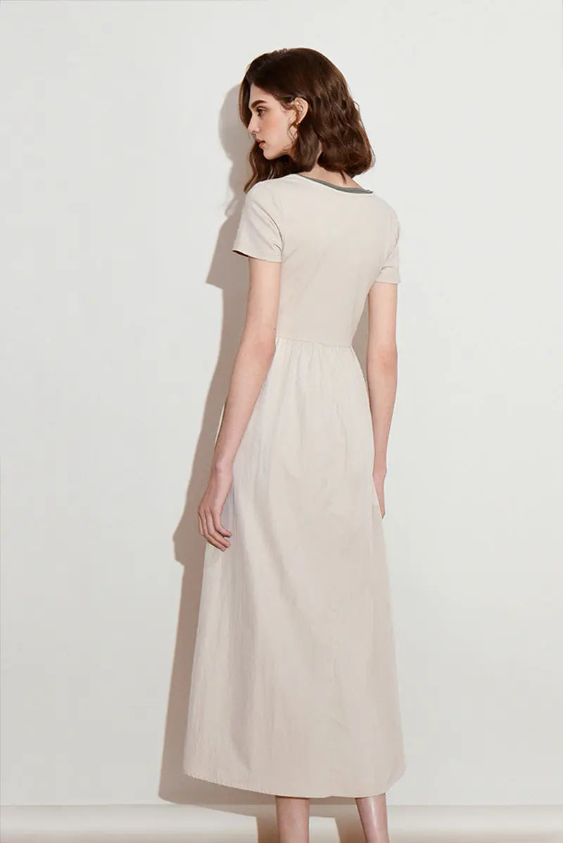 Cotton Short-Sleeve Mixed-Media Fit & Flare Midi Dress