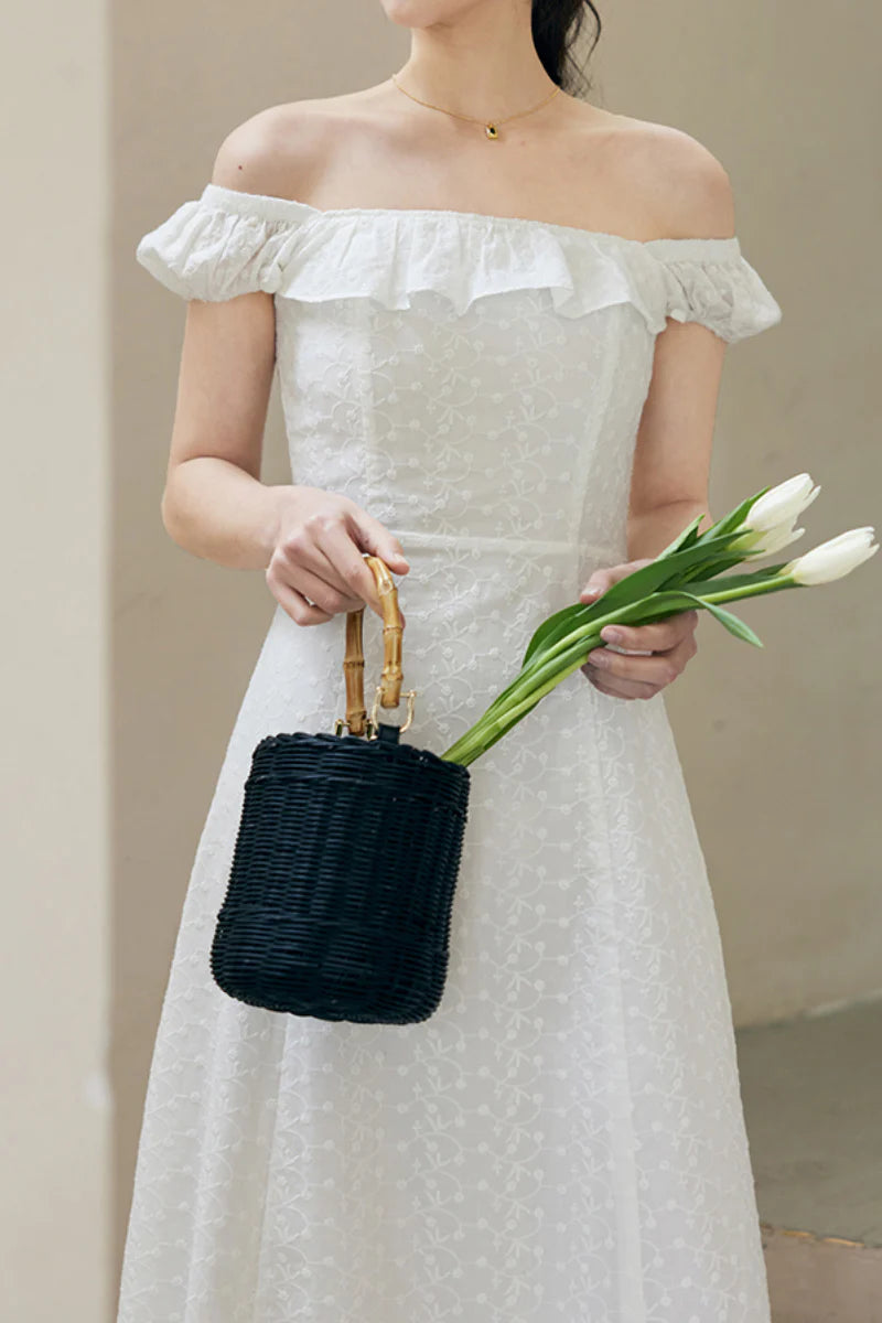 White Cotton Embroidery Off-Shoulder Midi Dress