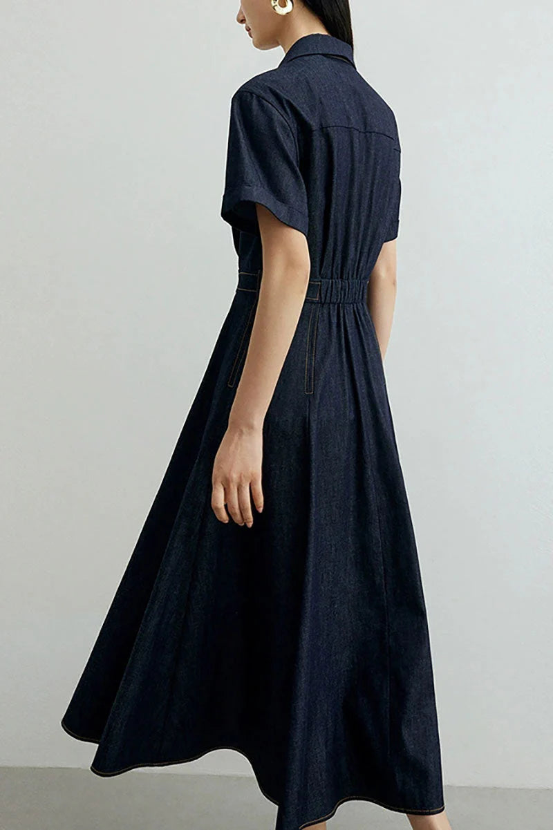 Tencel Denim Short-Sleeve Button-Up Midi Shirt Dress
