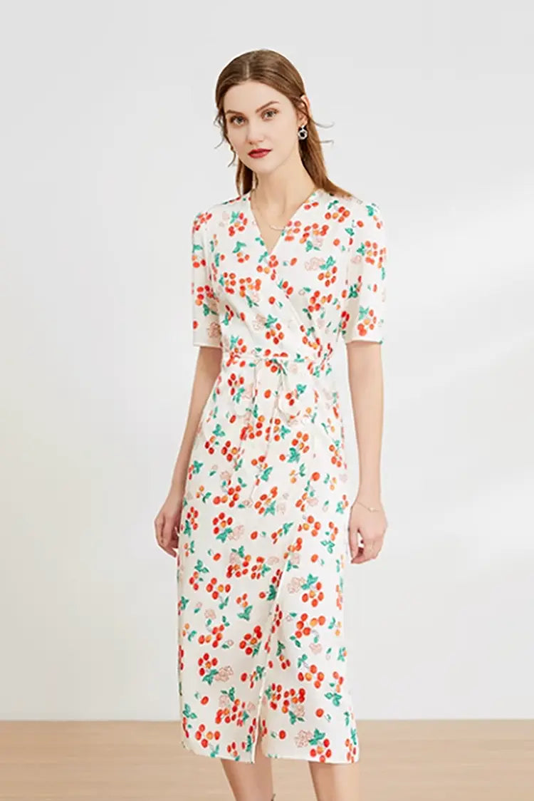 Floral Print V Neck Short Sleeve Dress