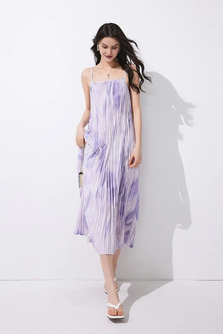 Tie Dye Pleated Spaghetti Strap Beach Dress