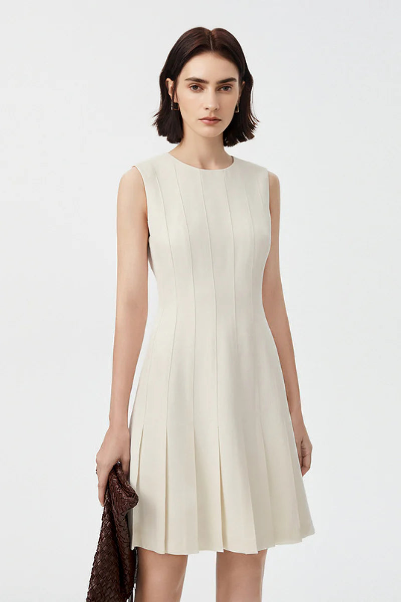 White Pleated Sleeveless A-Line Mini Dress in Triacetate