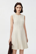 White Pleated Sleeveless A-Line Mini Dress in Triacetate
