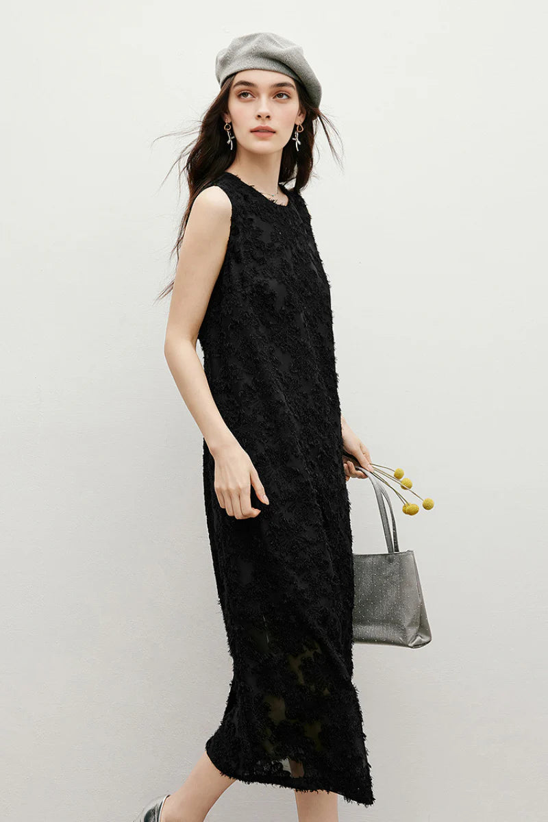 Black Floral Applique Sleeveless Dress