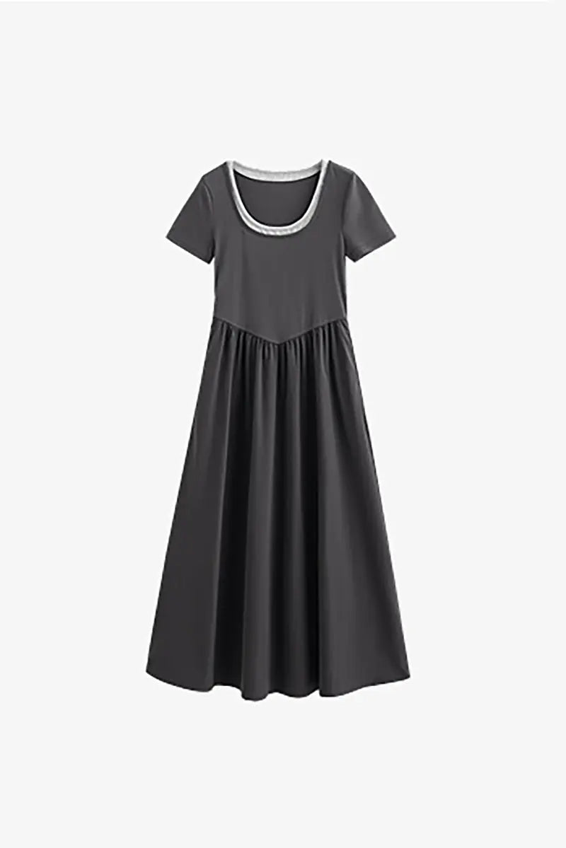 Cotton Short-Sleeve Mixed-Media Fit & Flare Midi Dress